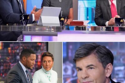 TENSIONS EXPLODE ON AIR —Michael Strahan, Robin Roberts, and George Stephanopoulos lose control in shocking on-air clash! The unbelievable moment that had viewers in shock and left everyone wondering: is this a set-up, or did they just expose a scandalous secret?
