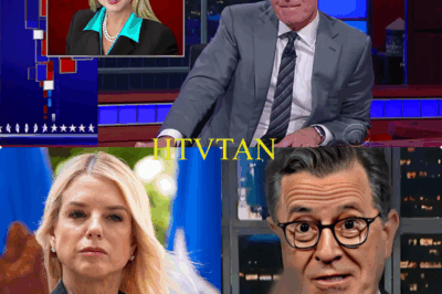 PAM BONDI SHOCKS THE LATE SHOW: Brutal One-Liner Leaves Stephen Colbert SPEECHLESS—Producers SCRAMBLE to Salvage the Segment!  Pam Bondi didn’t just appear on The Late Show—she completely took over! In a jaw-dropping moment that left both the audience and Stephen Colbert in stunned silence, Bondi fired back with a brutal one-liner that instantly shifted the tone of the entire show. Colbert, known for his quick wit, was left speechless, while cameras caught producers frantically rushing behind the scenes to salvage the segment. Viewers at home were in disbelief—what did Bondi say that had everyone on edge?
