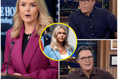 “SHOCKING SHOWDOWN: KAROLINE LEAVITT HIJACKS STEPHEN COLBERT’S STAGE IN A FIERY CLASH—AUDIENCE GASPED, SEGMENT CUT SHORT, AND TV HISTORY MADE!”  In a jaw-dropping, unthinkable moment, Karoline Leavitt took over Stephen Colbert’s stage, transforming a lighthearted comedy interview into a cultural confrontation that left the studio in complete chaos. What was meant to be another standard segment quickly spiraled out of control when Leavitt, with unmatched fierceness, challenged Colbert live on air, causing the audience to gasp and leaving Colbert speechless.  The moment was so intense, the segment was abruptly cut short, with the camera pulling back in stunned silence. Fans and critics alike were left in shock, as Leavitt’s mic-drop moment reverberated through the studio and ignited a firestorm on social media.  Was this the night late-night TV lost control? Was it a simple clash of ideologies, or was this a seismic shift in the way America’s media handles political and cultural conversations?  The internet is still exploding, and the world is still reeling. Click below to uncover the full, explosive details of the moment that changed everything for Stephen Colbert, Karoline Leavitt, and late-night television.