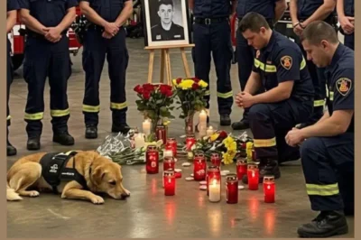 Why is it so quiet in this fire station? Because a hero is missing. His helmet rests alone. A portrait glows beneath candles. And his loyal dog weeps in silence. He never asked for praise—only to serve, protect, and save. Now, the least we can give is remembrance.