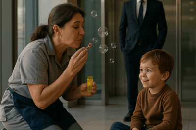 POOR CLEANING LADY blew bubbles to calm a boy unaware that the MILLIONAIRE CEO was watching and
