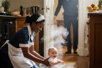 Millionaire returns home and is shocked to find his new black maid doing this to his daughter… “What on earth are you doing with my daughter?!”  The sharp voice cut through the kitchen like a blade. Margaret nearly jumped, her hands tightening around the tiny shoulders of the baby in the glass basin. She turned quickly, her dark eyes wide, only to see her employer—Richard Collins—standing frozen at the doorway. His face was pale, his brows knotted in horror, as if he had just witnessed a crime.  The baby, little Emily, giggled at the splash of warm water, completely unaware of her father’s fear. Steam rose from the basin in delicate wisps, surrounding the scene in a haze that made Richard’s heart pound faster.  “Mr. Collins, please—” Margaret began, her voice trembling.  But he cut her off. “Are you insane? Putting my daughter into boiling water? She could be burned!” His voice thundered, echoing through the kitchen. He rushed forward, scooping Emily out of the basin, wrapping her quickly in a towel. The baby whined in protest, her tiny face turning red from the sudden movement.  To be continued in c0mments