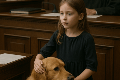 ch2-On a misty morning in front of the courthouse, an 8-year-old girl walked through the heavy wooden door, her hand never leaving the golden fur of her therapy dog. She didn’t log in. She didn’t speak. There was only a gentle breathing and a small signal to the dog named Moose—a signal that the adults couldn’t see, but Moose would understand.