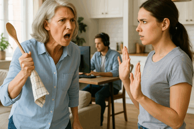 My husband sat at his computer with headphones on, completely absorbed, while his mother swung a rolling pin at me, shouting, ‘That’ll teach you not to take out the trash!’ I waited until she finally wore herself out, then quietly walked toward the outlet. The moment she realized what I intended to do, she screamed in panic, ‘No, not that…