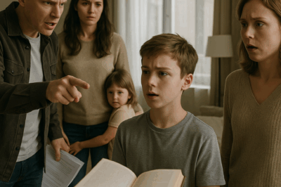 My husband burst in with his mistress and their secret child. “Sign the papers and leave!” he shouted. Before I could speak, my son stood up, holding a book. “Dad… you really don’t know, do you?” The moment my husband saw the cover, all the color drained from his face.