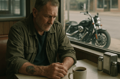 He sat in the corner booth, coffee cold, eyes distant — the kind of man time itself seemed to forget. When the Harley roared to a stop outside, he knew the past had just found him… and it wanted payment.