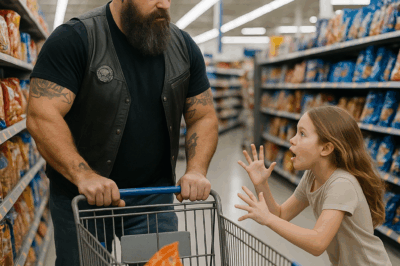 I was just picking pretzels, annoyed by the squeaky cart. Then a little girl sprinted past, silent but desperate, waving her hands in frantic signs toward a massive biker in leather. The whole store went still — and when he finally spoke, the air seemed to stop moving.
