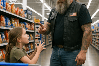 A mute girl ran down the Walmart aisle, panic in her eyes, signing frantically at a huge biker. The entire store froze — until his next words changed everything. Just minutes before, my only problem was a squeaky shopping cart wheel… I never imagined I’d witness something that would stay with me forever.