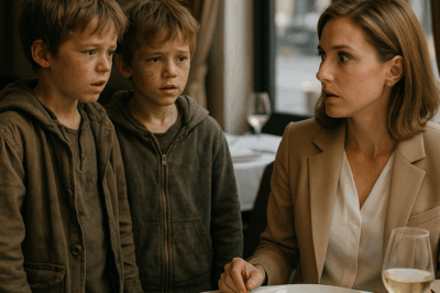 Two homeless twin boys walked up to a millionaire’s table and said, “Ma’am, could we have some of your leftover food?” The millionaire looked up and was stunned — the boys looked exactly like the two sons she had been searching for ever since they went missing…