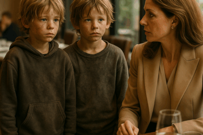 Two homeless twin boys approached a millionaire’s table and said softly, “Ma’am, could we please have some of your leftover food?” She looked up — and the fork fell from her hand. The boys’ faces… they were identical to the sons she’d lost years ago.