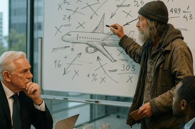 In a high-tech boardroom, a dozen engineers argued over the impossible. Lines tangled on the whiteboard — wrong answers, failed designs, broken hopes. Then a voice from the doorway said, “I can correct it.” The room froze. The man who spoke was the beggar they had just kicked out of the lobby.