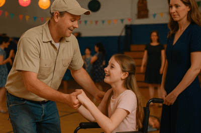 “A single dad working as a janitor danced with a disabled girl—he had no idea her wealthy mother was watching from behind the door…”