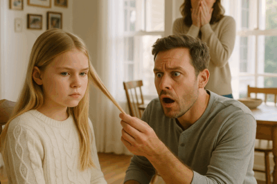 When my husband returned from a work trip and began trimming our 8-year-old daughter’s hair—just like he always did—he suddenly stopped. His hands started to shake. “Come here for a second,” he whispered, voice trembling. As he lifted her hair to look closer, all the color drained from his face, and I knew instantly that something was terribly wrong.
