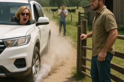 Ethan Parker had always valued the quiet life. His family’s farm sat just beyond the border of a newly built suburban community, a wide stretch of open fields, rolling pastures, and a private gravel road that led only to his barn and home. He worked hard to maintain it, growing crops, raising livestock, and minding his own business.  But his peace started to crumble the day Karen appeared. Karen was the self-appointed queen of the nearby HOA. loud, demanding, and obsessed with controlling everything in sight. The suburban development was fenced off from Ethan’s farm, but one narrow gravel path connected his property to the back of her neighborhood.  It was never meant for public use, but Karen decided it made a perfect shortcut to the main highway. At first, Ethan didn’t think much of it when he saw a white SUV kicking up dust across his road. He assumed it was a delivery truck or maybe a lost driver. But when it happened again the next day and the next he realized it was the same vehicle, the same woman.  And she wasn’t just passing through. She was using his private road every morning and evening. Ethan walked up to her one afternoon as she idled near his barn. “Ma’am, this is private property,” he said calmly. “This road isn’t open to the public.” Karen scoffed, lowering her sunglasses. “Oh, please. It’s just a road.  You farmers have plenty of land. I’m not hurting anything.” Ethan pointed to the bright yellow no trespassing sign nailed to the post beside her. “That means stay out,” he said, keeping his patience in check. She rolled her eyes. “You can’t own every piece of dirt out here,” she snapped before driving off. “Over the next few weeks, Ethan’s patience was tested daily. More tire tracks appeared. Dust coated his crops. Sometimes she brought her friends along, using the path as a joy ride. Ethan tried putting up additional signs, hoping reason would work. It didn’t. He even caught her honking at his cows once when they blocked the road. That was when he knew she wasn’t just ignorant, she was entitled.  Ethan started documenting every incident with his trail cameras, determined to protect what was his. He didn’t want trouble. But as Karen’s boldness grew, one thing became clear. She wasn’t going to stop unless he made her. Days turned into weeks, and Karen’s arrogance only grew. Despite Ethan’s signs, warnings, and polite talks, her shiny white SUV kept tearing through his property like it was her personal driveway.  Every morning, she’d race across his gravel road, leaving behind a cloud of dust that coated his crops and scared his animals. Ethan began to notice other HOA residents following her lead. A minivan here, a pickup there, all of them using his farm road as their shortcut. Ethan tried once more to handle things peacefully.  He printed out a letter, carefully wording it to sound firm but respectful, and delivered it to the HOA office. It simply stated that his land was private and that further trespassing would be considered a violation of property law. A few days later, Karen showed up again. Only this time, she wasn’t driving through. She was waiting at the end of his road, waving the letter in her hand.  “So, you think this piece of paper means anything?” She mocked, laughing. “That road’s been there forever. It’s basically public.” Ethan kept his cool. “No, ma’am. It’s been in my family for generations. It leads nowhere except my barn. There’s nothing public about it. Karen smirked, stepping closer.  You know, you should be grateful. People like me increase your land value. You should thank me for using it. Then she crumpled the letter and tossed it at his feet before driving off. That night, Ethan decided to take stronger measures. He built a small wooden gate at the road’s entrance, simple but sturdy, and hung a bright red sign that read, “Private property.  Do not enter.” For a couple of days, the traffic stopped. He thought he’d finally gotten through to her. But on the third evening, Ethan heard the sound of splintering wood. He ran outside and saw Karen’s SUV pushing through the broken gate, boards snapping beneath her tires. She didn’t even slow down.  Ethan caught it all on camera every second. The next morning, he filed a police report showing them the video. The officer watched inside, saying, “It’s technically private, but since it’s not a gated community or fenced property, it’ll be hard to press charges.” When word reached Karen that the police hadn’t stopped her, she bragged to her neighbors.  “See, I told you he can’t do anything.” That was the final straw for Ethan. She’d ignored his words, destroyed his property, and mocked his patience. It was time to teach Karen a lesson she wouldn’t forget. Ethan had reached his limit. Months of patience, warnings, and broken signs had gotten him nowhere. Karen clearly believed she was untouchable, hiding behind her HOA title and smug attitude. But Ethan wasn’t a man who gave up easily, especially when it came to protecting his land. If Karen wanted to play games, he’d end it on his own terms. One night, Ethan sat in his workshop reviewing the footage from his trail cameras. He had everything. Videos of Karen smashing the gate, driving across his crops, even honking at his cattle.  But he knew filing more complaints wouldn’t help. The police had already brushed it off once. So, he decided on something practical and perfectly legal. He ordered a set of retractable spike strips online, the same kind used by private ranchers and gated properties to prevent unwanted entry. They weren’t hidden traps. They came with bright reflective warning signs that clearly read, “Private property, no entry, tire deflation device ahead. ” A week later, the package arrived. Ethan spent an entire morning installing the strips carefully across the gravel road entrance. He made sure they were easy to see and left plenty of space for delivery trucks to turn around before reaching them. Every angle was covered by his cameras. He wanted everything to be lawful and documented. Before calling it a day, Ethan walked a slow circle around the gate and whispered to himself, “This isn’t revenge. It’s protection.” For several days, peace returned. No roaring SUVs, no clouds of dust. Even the air felt cleaner. His animals grazed calmly again, and Ethan finally enjoyed quiet evenings without worrying about intruders.  The signs seemed to have done their job. Everyone stayed away until one Friday morning. Ethan was feeding the chickens when he heard it. That familiar engine growl. His stomach dropped. Through the open barn door, he saw Karen’s SUV rolling toward the entrance, ignoring every warning sign as usual. He grabbed his phone and hit record, muttering, “Don’t do it, Karen. ” The SUV kept coming. She slowed briefly, as if considering, then stepped on the gas. The front tires rolled over the spike strip, followed by a loud pop. Then another, then two more. The SUV jerked forward before coming to a stop, tilted awkwardly on four flat tires. Ethan couldn’t help but shake his head. The lesson had finally arrived, and Karen had delivered it to herself. The sound echoed across the quiet fields. Thud, pop, hiss. Karen’s shiny white SUV came to an abrupt halt, its tires completely shredded. For a few seconds, there was only silence. Then the car door swung open, and Karen stepped out, red-faced and fuming. Ethan stood by his barn, phone in hand, recording the entire scene.  He walked calmly toward her, his boots crunching against the gravel. “Morning, Karen,” he said evenly. “Having car trouble?” Karen spun around, furious. “You, you did this on purpose. You sabotaged the road,” she shouted. Ethan gestured toward the bright yellow sign just a few feet away. “Private property, spike strips ahead. Do not enter. You saw the warnings,” he replied. “You just chose to ignore them.” Karen stomped closer, waving her arms. “This is illegal. I’ll have you arrested. You can’t just put traps on a public road. It’s not public,” Ethan said calmly. “It’s my land, and I have every right to protect it. ” “The sheriff already knows about the signs.” Karen, refusing to back down, pulled out her phone and called 911, yelling loud enough for Ethan to hear every word. “Yes, I’m at Parker’s farm. He destroyed my car with metal spikes.” Within 20 minutes, a sheriff’s cruiser pulled up. The deputy, a middle-aged man who’d known Ethan for years, stepped out and surveyed the scene.  “Morning, Ethan,” he greeted. Then he turned to Karen. “Ma’am, what happened here?” Karen immediately launched into her rant, blaming Ethan for setting a trap and endangering the public. She even claimed she had permission to use the road. The deputy raised an eyebrow and asked, “Permission from who?” the HOA,” she snapped. “Everyone uses this road. ” Ethan silently handed over his phone, showing the video recordings, Karen breaking the previous gate, ignoring signs, and driving straight past the new warnings before hitting the spikes. The deputy watched quietly, then sighed. “Ma’am,” he said, “this property is clearly marked as private. You were warned multiple times.  Ethan didn’t break any laws, but you did. Trespassing and property damage at minimum. Karen’s face went pale. That’s ridiculous. I’m the victim here. The deputy shook his head. You’re lucky he didn’t press charges before. You’ll need to cover the repair costs for his gate and your tow trucks already on the way.  As her SUV was hauled off on four flats, Karen stood in silence, humiliated. Ethan simply tipped his hat, turned, and walked back toward his barn, just as finally served. The morning after the incident, Ethan’s farm was the talk of the entire neighborhood. Word spread fast. The HOA lady popped her tires on the farmer’s land.  Some found it funny, others couldn’t believe anyone would be so bold. But one thing was certain. Nobody dared to drive through Ethan’s road again. For the first time in months, the gravel path stayed quiet. No rumbling engines, no clouds of dust, no entitled voices shouting across the fields. Just the sound of wind through the crops and the clucking of his chickens.  It felt like the farm was breathing again. Karen, on the other hand, wasn’t handling her humiliation well. Her SUV had been towed, her tires were beyond repair, and she’d been fine for trespassing and property damage. The repair bills and penalties from the sheriff’s office hit her hard. and worse, the HOA board she proudly led was furious that her actions had embarrassed the entire community.  At the next HOA meeting, several residents demanded she step down. “You brought this on yourself,” one of them told her. “You ignored the signs, broke his gate, and made us all look bad.” “Karen stormed out, swearing never to speak of it again.” Meanwhile, Ethan repaired the broken section of his gate, this time reinforcing it with steel posts and a lock.  He even added an extra fence along the border, making sure no one could ever cut through again. He wasn’t angry anymore, just relieved that it was finally over. A few weeks later, the same deputy who handled the case stopped by the farm. “Heard, things have been quiet,” he said with a grin. “Ethan chuckled.” “Quiet enough to hear myself think again. ” The deputy nodded toward the rebuilt gate. “Looks good. You handled it right, Ethan. Calm, smart, and by the book. Ethan smiled, tipping his hat. Sometimes you don’t have to shout to be heard. Just let the consequences do the talking. From that day on, the road remained empty. Delivery trucks stopped at the sign. Visitors call ahead, and no one from the HOA dared to test his boundaries again. The animals returned to their calm routines, and Ethan finally enjoyed his mornings without stress or confrontation. As for Karen, she avoided the area entirely. Every time she passed near Ethan’s land, she’d glance nervously toward the fence, remembering the day her arrogance metal. Ethan had reclaimed what was his, not with anger or revenge, but with patience, proof, and a perfectly placed set of spike strips.  Peace, at last, was back on the farm.