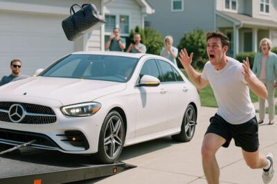 The tow truck driver gave me a friendly wave as the $90,000 Mercedes was dragged off my driveway with its tires locked, alarm screaming, and a designer gym bag tumbling out the open sunroof. Within seconds, Brandon Garrison came sprinting down the street in his expensive sneakers, yelling at the top of his lungs that this was illegal and that the car was a lease.