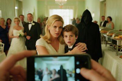 At my sister’s wedding, my seven-year-old suddenly squeezed my hand and whispered, “Mom… we need to leave. Right now.” I bent down with a gentle smile. “Why, honey?” He glanced around, then slowly took a phone out of his pocket. His voice shook—quiet but unmistakably clear: “Mom, watch this…” The screen lit up. And the instant I saw the video, I went completely still, my heart clenching as if someone had reached in and crushed it…